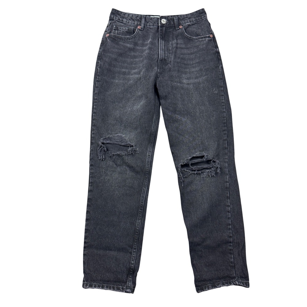 Zara High Rise Straight Leg Distressed Jeans Black Women 6 Grunge Alt Edgy Denim